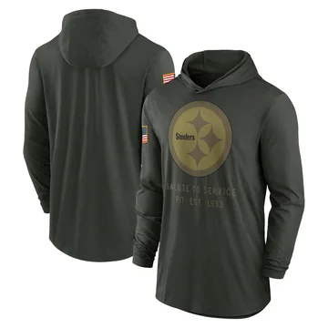 Men's Pittsburgh Steelers Green Forest 2025 Salute to Service Sideline Lightweight Long Sleeve Hooded Pullover T-Shirt